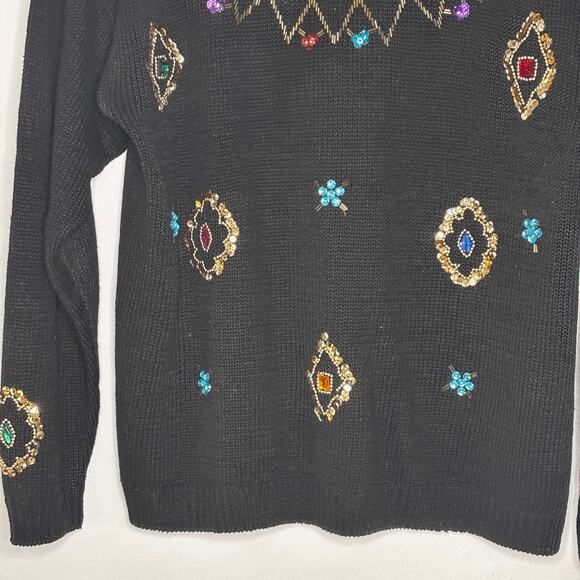 Vintage 90s Exclusive Imports Black Sequin Beaded Ramie Cotton Sweater Harlequin - Picture 4 of 10